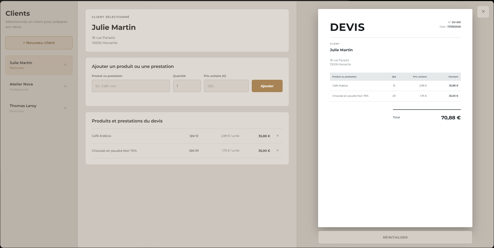 Aperçu d'une démonstration d'un logiciel de gestion de clients et de devis réalisée par Elisa-Dev